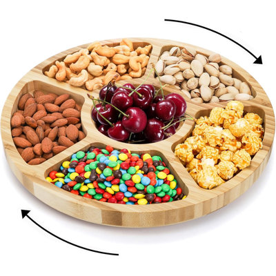 Plateau de salle à manger séparé, plateau de fruits et légumes rotatif en bambou de 13 pouces, boîte à collation paresseuse de style plateau tournant, 6 compartiments, pouvant contenir des bonbons, des hors-d'œuvre, des noix, etc., convenant à une fête