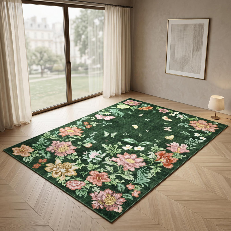 9x12 ft Washable Area Rug for Living Room - Large Butterfly Floral Print Carpet, Soft Velvet Pile, Non-Slip TPR Backing, Machine Washable, Dark Green
