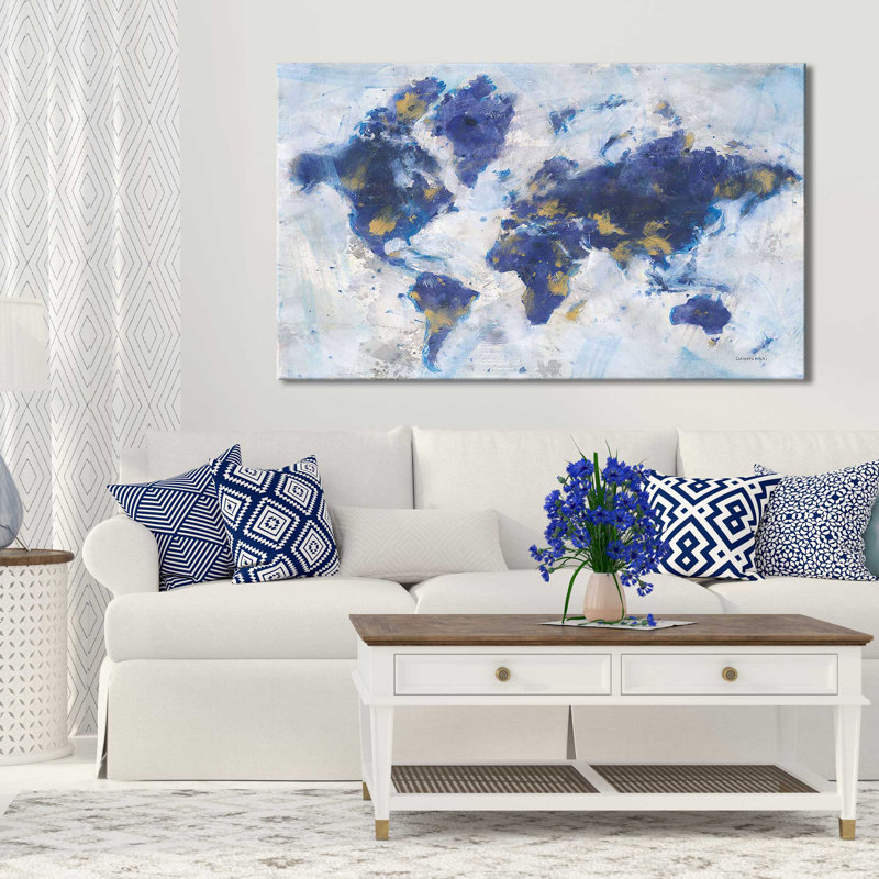 Indigo World Map par Danhui Nai - impression, H 18 po x l 30 po x P 1 po, Toile tendue