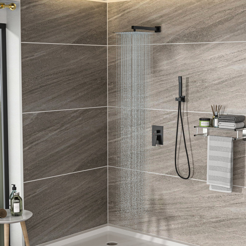 Douche murale avec deux têtes doubles de 12 pouces - Carrée, tête carrée, finition, Noir