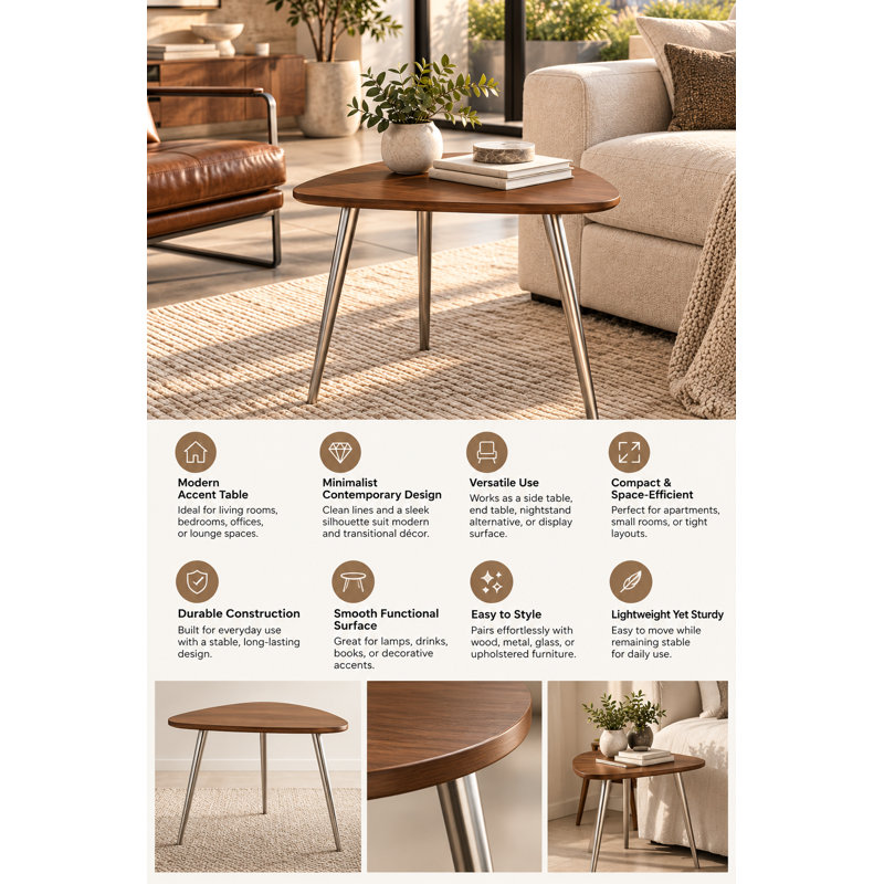     Pangea Home Hal 3 Legs End Table - Hal Accent Table – Modern Side Table for Living Room, Bedroom, or Lounge Spaces - Walnut Side Table