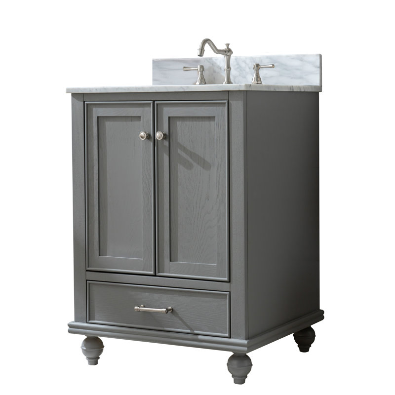 Ensemble de meuble-lavabo simple 24 po Angelissa, Gris grain / nickel brossé, Pierre naturelle blanc de Carrare