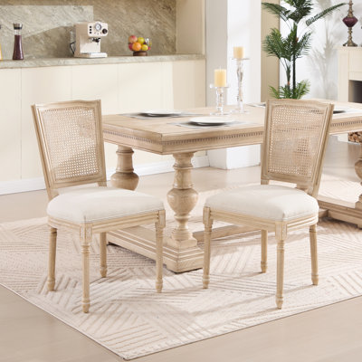 French Country Dining Chairs, Beige Upholstered, Of 2, Natural T-Shaped Back, Wire Drawing, Carving, Disassemblable, Suited For Living And Restaurant Spaces, Solid Framework, Cotton Linen Fabric Good