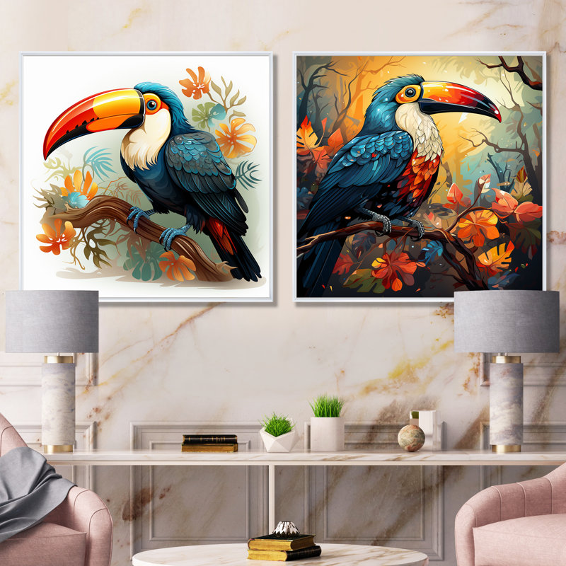 Toucans tropicaux bleus et jaunes I - ensemble de 2 impressions sur toile Toucan, Cadre flottant blanc