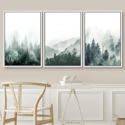 Misty Forest Landscape " IDEA4WALL Framed Canvas Print Wall Art Woodland Nursery Decor Set Misty Green Mountain Forest Valley Nature Wilderness Modern Art Rustic Landscape For Living Room, Bedroom, Office " 3 - Pieces
