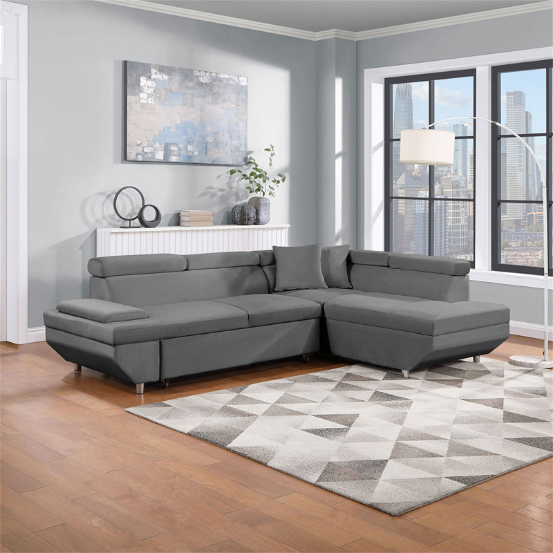 Canapé-lit en velours 75,59 po Louisius, Velours gris velours, Left Hand Facing, H 23 po x l 76 po x P 37 po