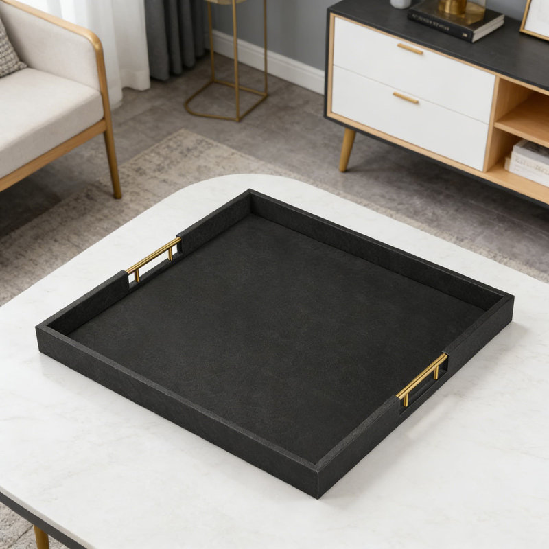 Faux Leather Ottoman Tray With Handles - Large Square Serving Tray For Breakfast In Bed, Coffee Table Organizer, And Home Decor
