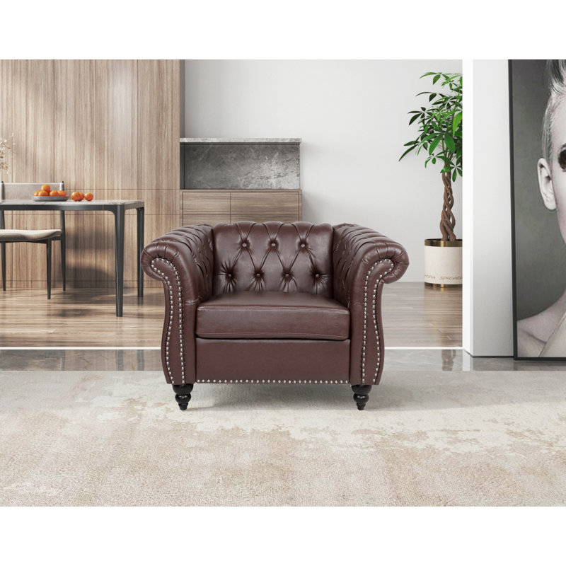 Fauteuil Chesterfield l 39 po Fairport, Similicuir brun foncé