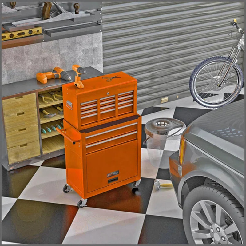 Coffre à outils à roulettes de 24,2 po avec roulettes et tiroirs, armoire de rangement à 8 tiroirs, Orange