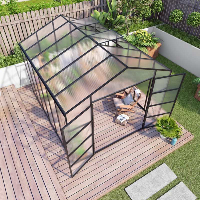 Serre en aluminium 10 x 12 pi à hauteur de gain 10 x 12 pi, panneaux en polycarbonate, base surélevée, durabilité toutes saisons