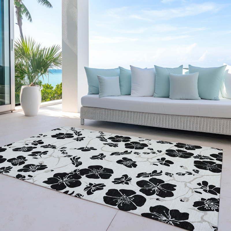Ivory and Black Floral Synthetic Washable Rectangular Rug