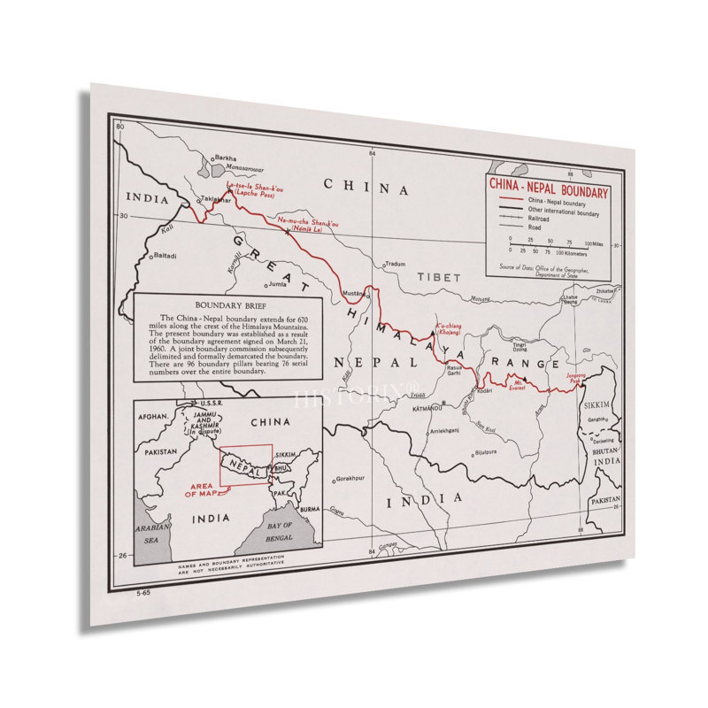 " 1968 China Nepal Boundary Map ",  24" H x 36" W 