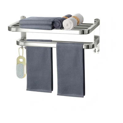 Porte-serviettes mural, tablette double avec crochets (argent)