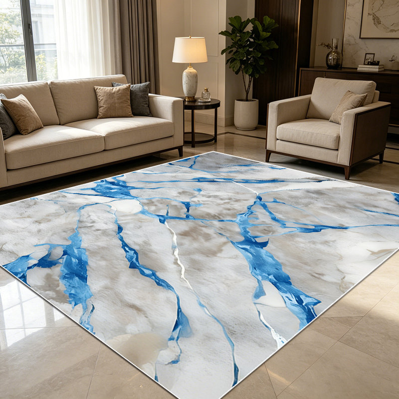 1PC Blue and Grey Marble Veined area rugs for Living Room, Soft and Comfortable, Suitable for all seasons, easy-to-maintain, machine washable Indoor floor mat, Under Table Farmhouse suitable for dining table, kitchen, bedroom, entryway, home office,