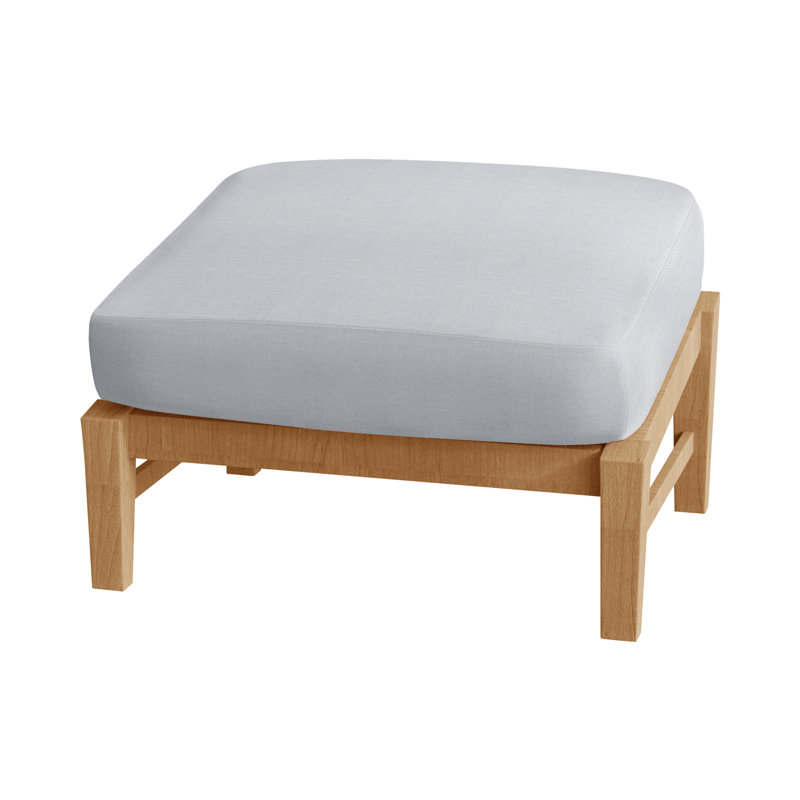 Croquet Outdoor Teak Ottoman with Cushion, Natural Teak, No Welt, Linen Chambray