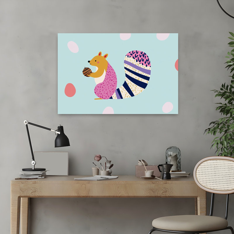 Impression d'art mural fantaisiste écureuil avec gland coloré et ludique, forêt naturelle, H 16 po x l 24 po