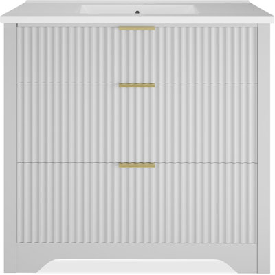 36" White Fluted Bathroom Vanity with Sink, Farmhouse Cabinet with 3 Drawers, Modern Design