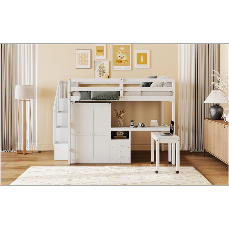 Lit mezzanine double avec escalier, Double, Blanc
