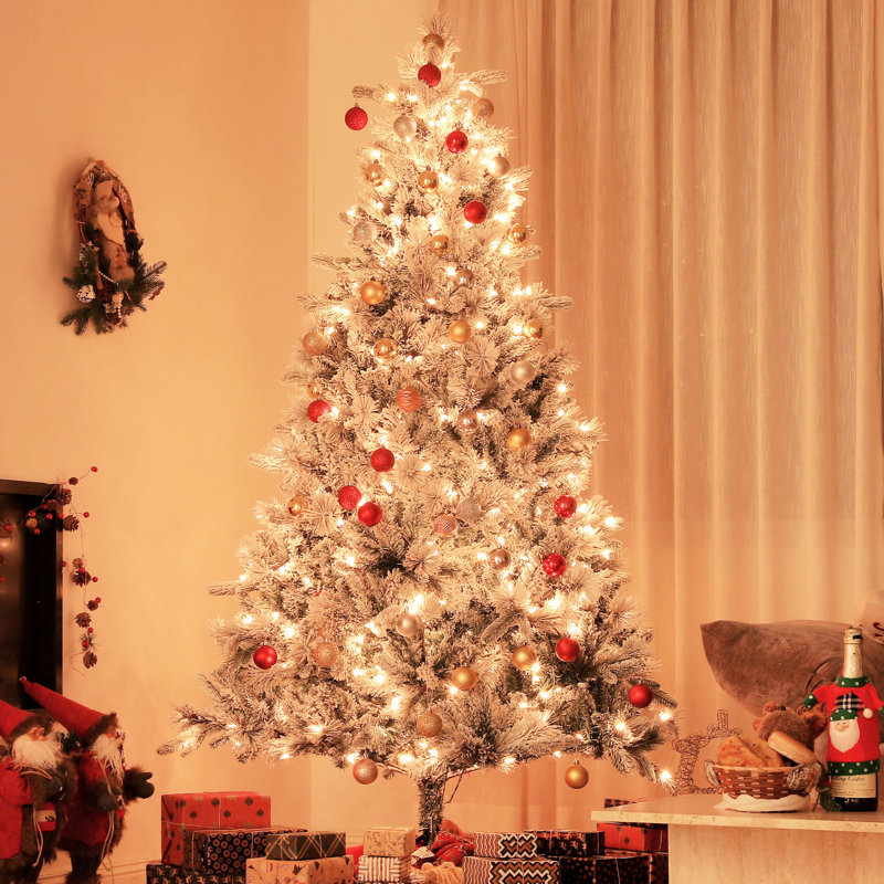 Arbre de Noël 7,5 pi avec 500 lumières, neige floquée, 1530 pointes, pour la maison pliée, base pliable