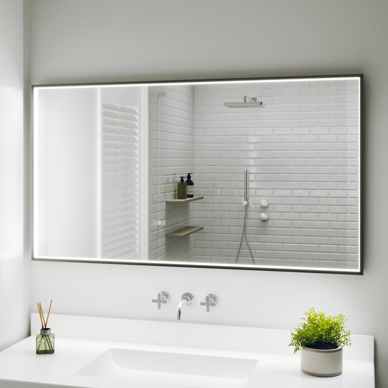 Miroir de salle de bain à cadre noir à DEL avec antibuée, gradation continue, 3 températures de couleur et commandes latérales
