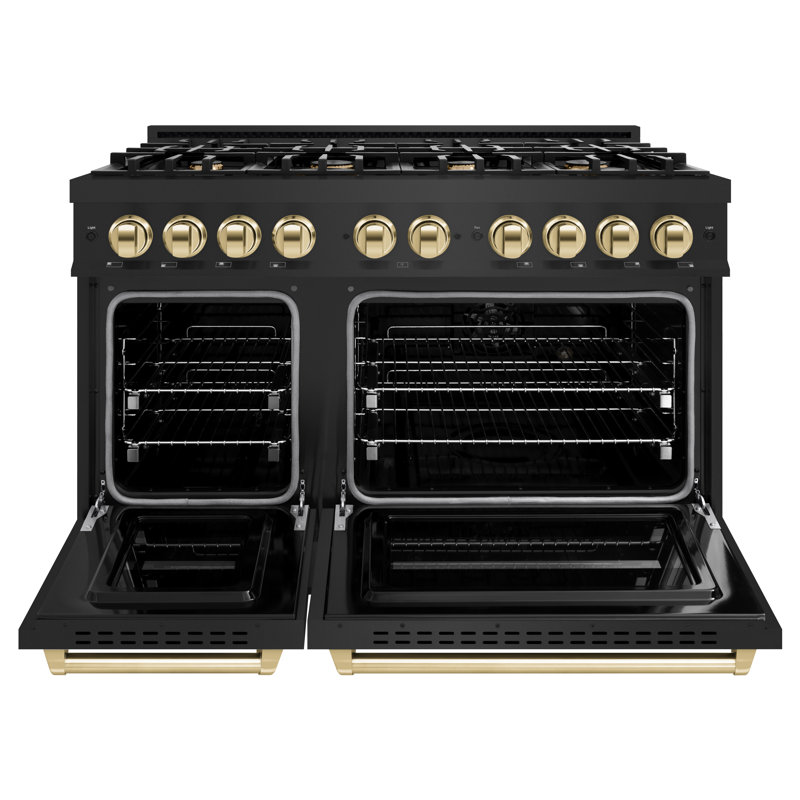 ZLINE Autograph Edition 48 in. 6.7 cu. ft. Classic Double Oven Gas Range with 8 Burner Cooktop in Black Stainless Steel and Accents
