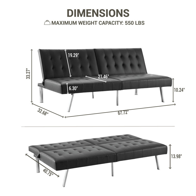 Dacy Twin 68.5" Wide Tufted Back Convertible Sofa, Black 100% Linen