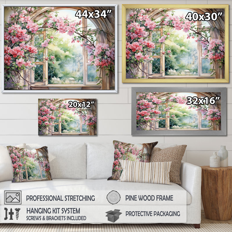 «Pink Blossoming Country Window Gaze IV», art mural fenêtre, Toile tendue, H 30 po x l 40 po x P 1,5 po