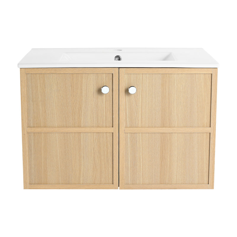 Meuble-lavabo de salle de bain 30 po - Contreplaqué de chêne, lavabo en céramique, 2 portes, grande capacité de rangement, facile à assembler en contreplaqué, volume généreux, travaux d'assemblage simples