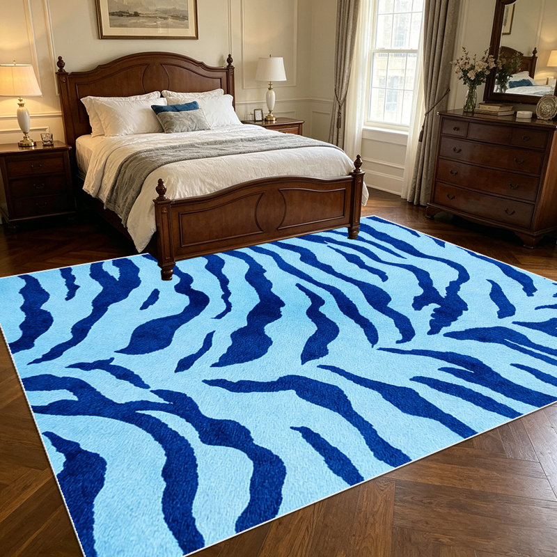 1PC Two-tone Blue Wavy Zebra Stripe Print area rugs for Living Room, Soft, All seasons, Easy-maintain, Washable Indoor mat, Farmhouse suitable for dining room, bedroom, entryway, kitchen, patio, home office, Home Decor, Outdoor Decor.