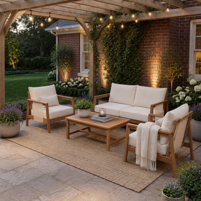 Ensemble de canapé d'extérieur 4 pièces avec coussins, structure en bois d'acacia, textilène noir, hydrofuge pour patio / cour arrière / terrasse