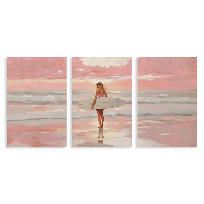 Ensemble de toile 3 pièces Pink Sky Surfer Sunrise, design par LSR Design Studio, H 24 po x l 16 po
