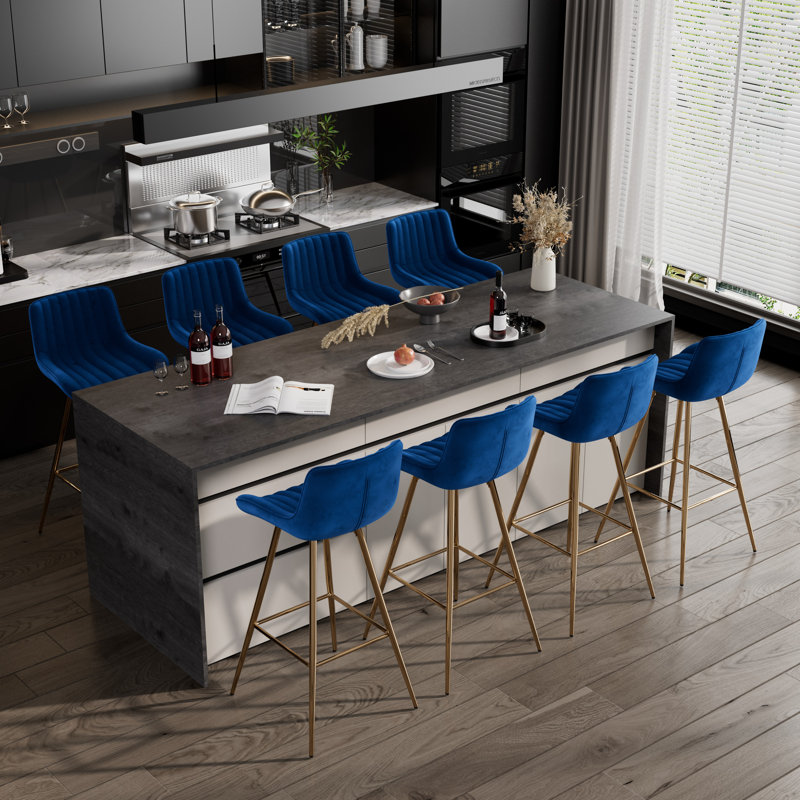 Set of Bar Stools, Velvet Fabric Counter Stool, Blue, 8, Bar Stool (29.92" Seat Height)