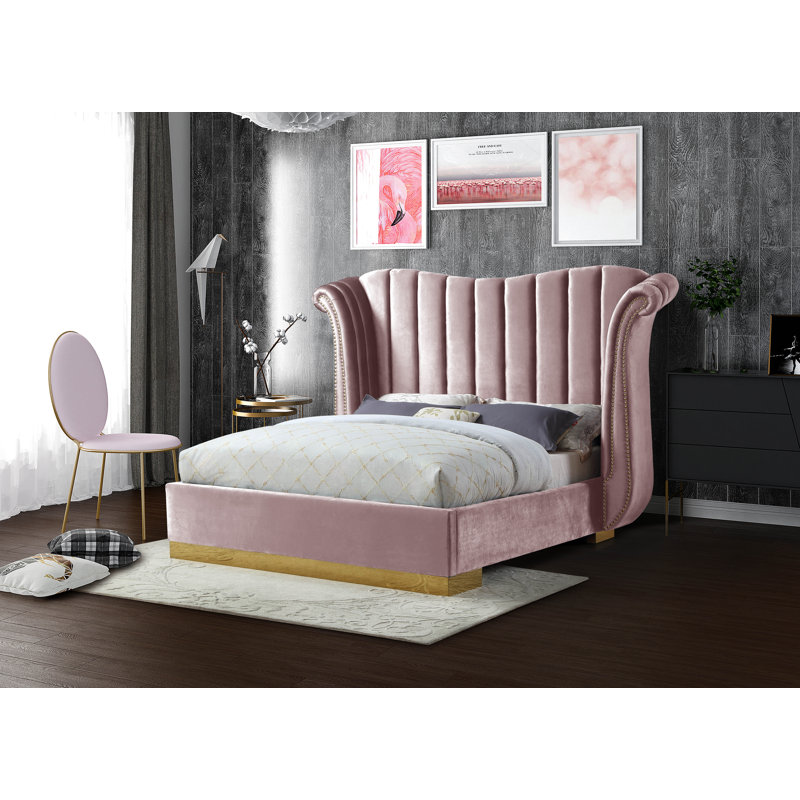 Lit plateforme tapissier capitonné Cicero, Très grand, Velours rose