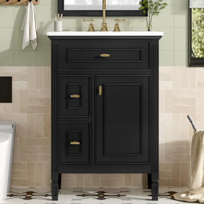 24-Inch Bathroom Vanity With Sink, Solid Wood And MDF Cabinet With One Flip Drawer, Two Standard Drawers, And Adjustable Shelf, Freestanding Black Vanity For Bathroom Storage