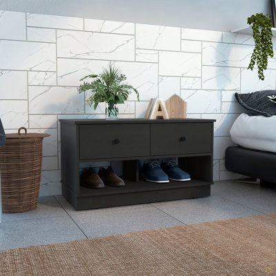 Banc de rangement, deux tablettes ouvertes, deux tiroirs
