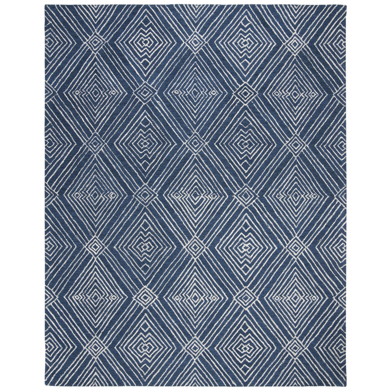 Elginpark Hand Tufted Wool/Cotton Geometric Rug in Ivory/Navy, Rectangle 4' x 6'