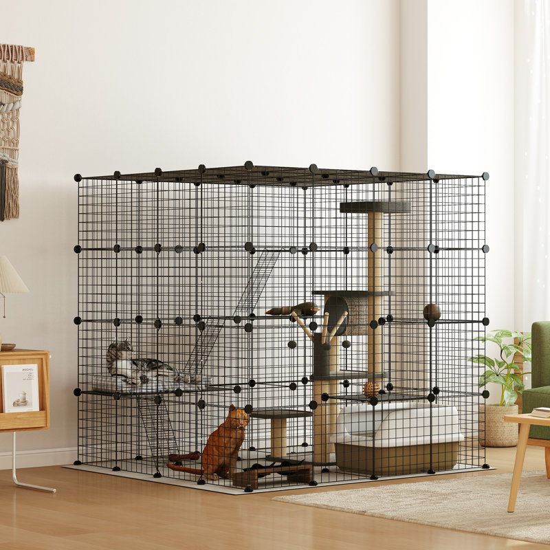 Grande cage à chat à 4 niveaux, parc pour chat 55 po avec plateformes, rampes, accessoires, aire d'exercice pour chaton en métal amovible, noir