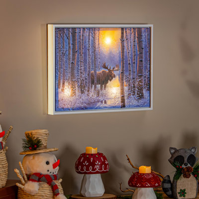 LED Woodland Moose Canvas with White Frame Wall Décor