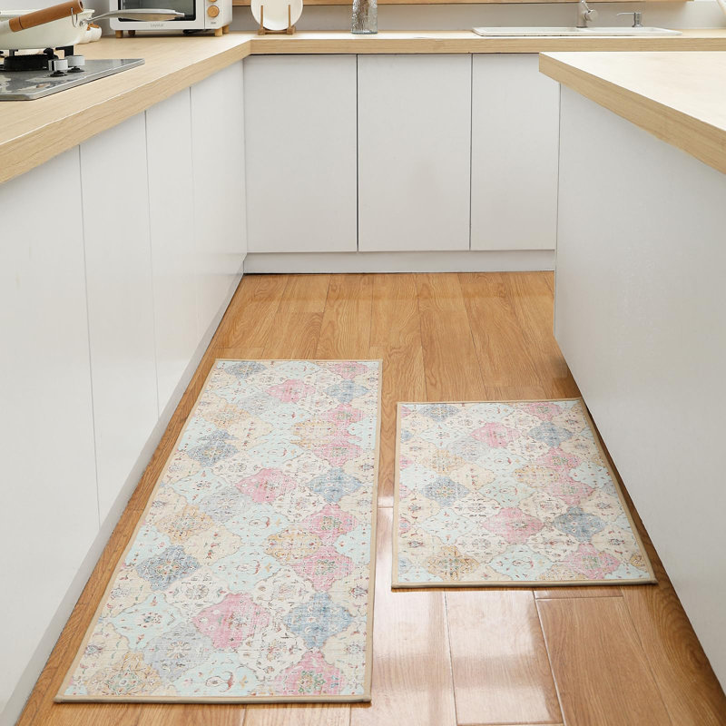  Boho Floral Kitchen Rugs and Mats Set of 2 PCS, Non Slip Washable Mats for Floor, Absorbent Runner Rug for Kitchen, Hallway, Laundry, Front of Sink, 18"x 28"+18"x 71"