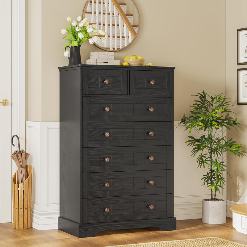 Commode de ferme avec 7 tiroirs, grande commode en bois, grand rangement à 7 tiroirs pour garde-robe de chambre à coucher, noir