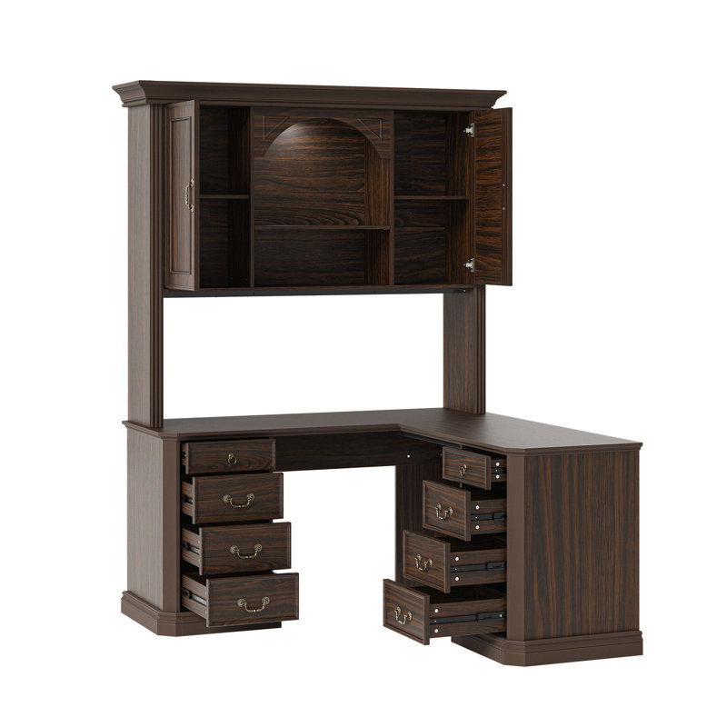 Bureau de coin en L de 210 cm de haut avec tablette, 8 tiroirs et placards, brun, Brun