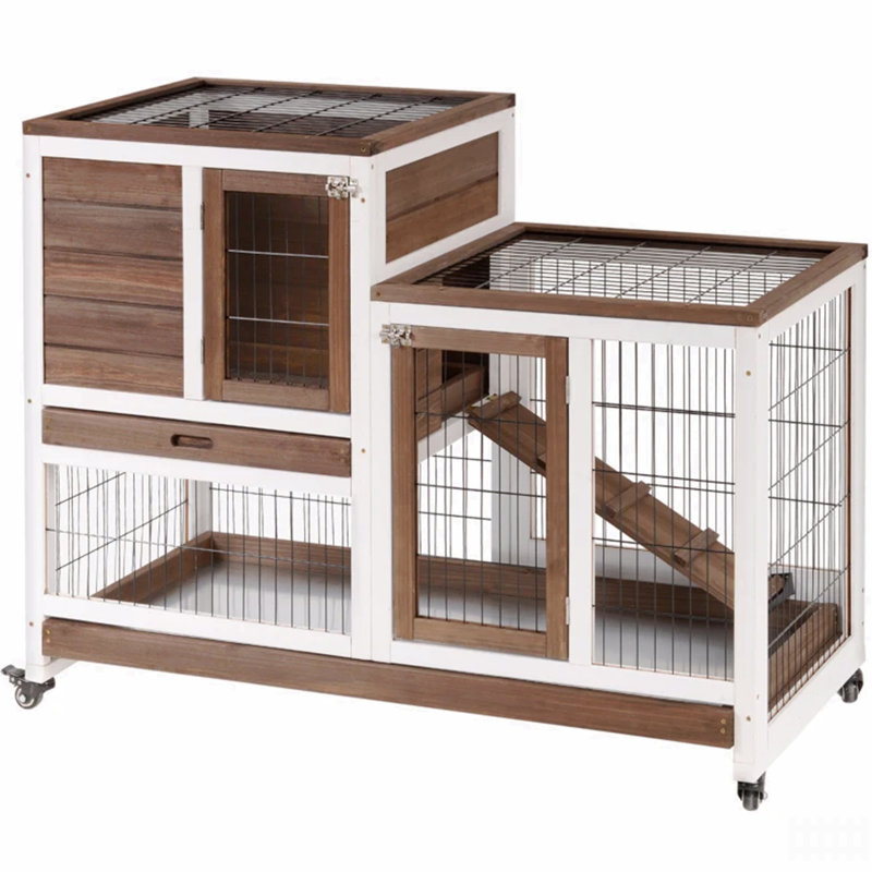 Cage à lapin surélevée en bois avec cage fermée, roues, rampe et plateau amovible, brun