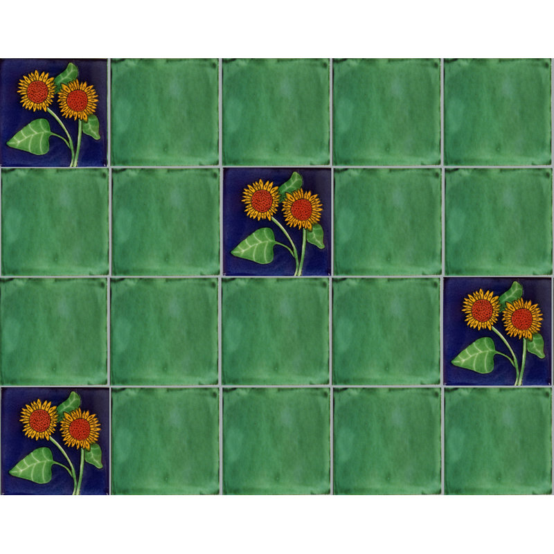 4.2" x 4.2" 9pcs TalaMex Double Sunflower Talavera Mexican Tile