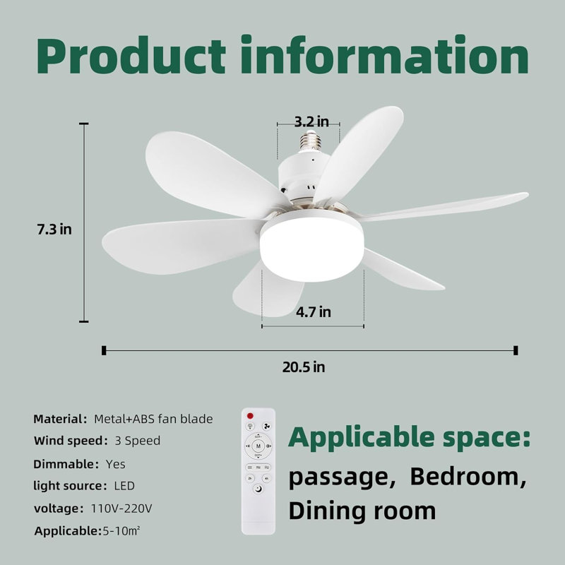 30W Socket Fan Light E26/27 Screw in Ceiling Fan with Light for Garage Bathroom