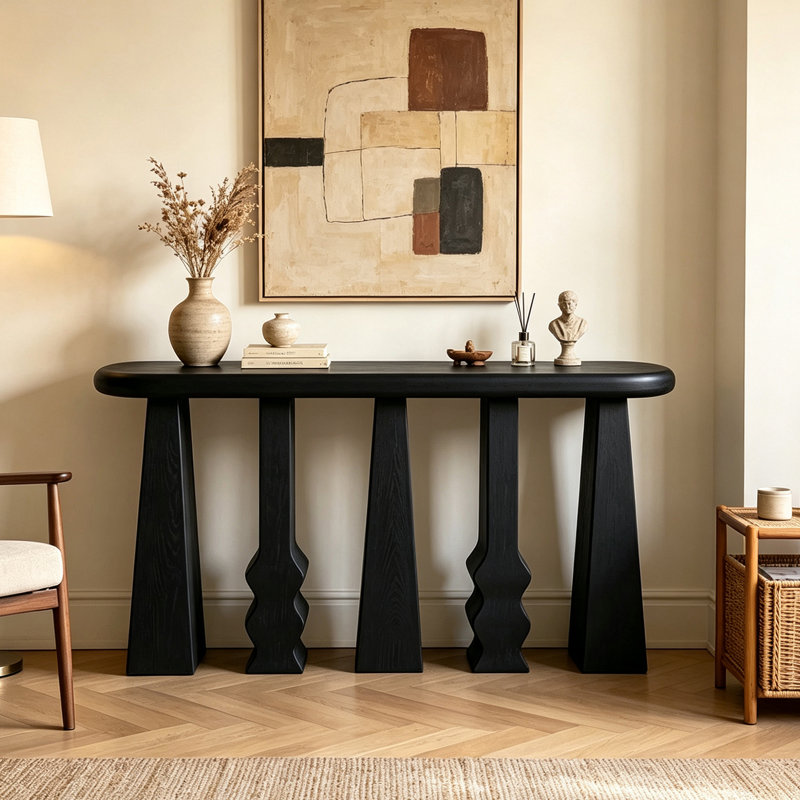 Console en bois de frêne noir de style milieu du siècle, H 37,4 po x l 53,1 po x P 13,8 po