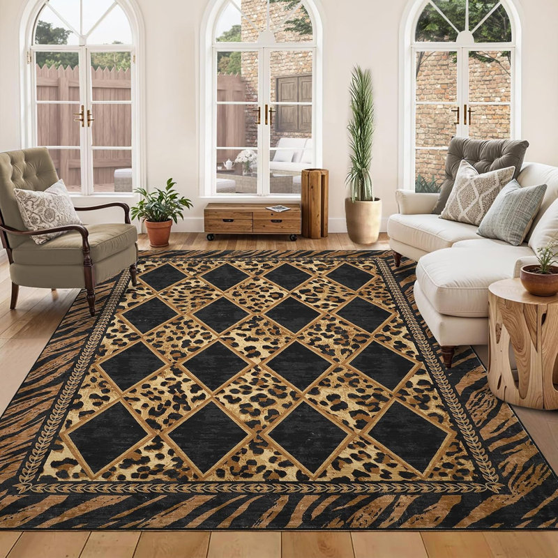 Tapis de couloir à carreaux 9 pi x 12 pi à motif léopard noir, doux et antidérapant pour cuisine, chambre à coucher et entrée