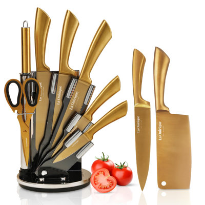 8 Pieces Gold Knife Set With Block Rod-Sharpener