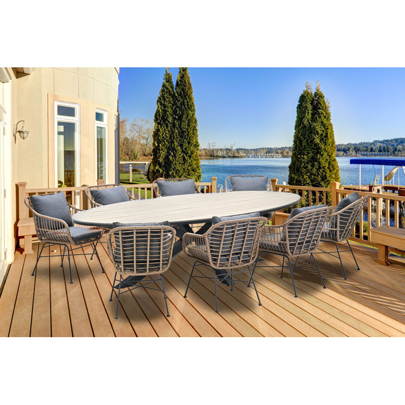 Campeaux Oval 9 Piece 8 Person 280Cm L Outdoor Table Set with Nivelles Dining Chairs, Beige, Natural, Dark Grey