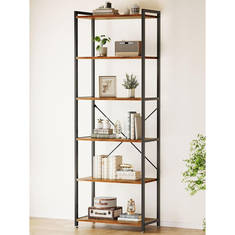 6 Tier Tall Bookshelf, Modern Wood Bookcase Shelves for Bedroom, Industrial Display Shelf for Living Room, Vintage