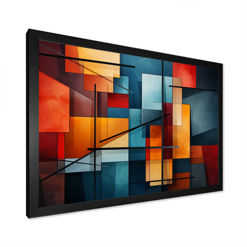 Cubisme éclatant collage - art mural cubisme, Cadre simple noir, H 16 po x l 32 po x P 1 po